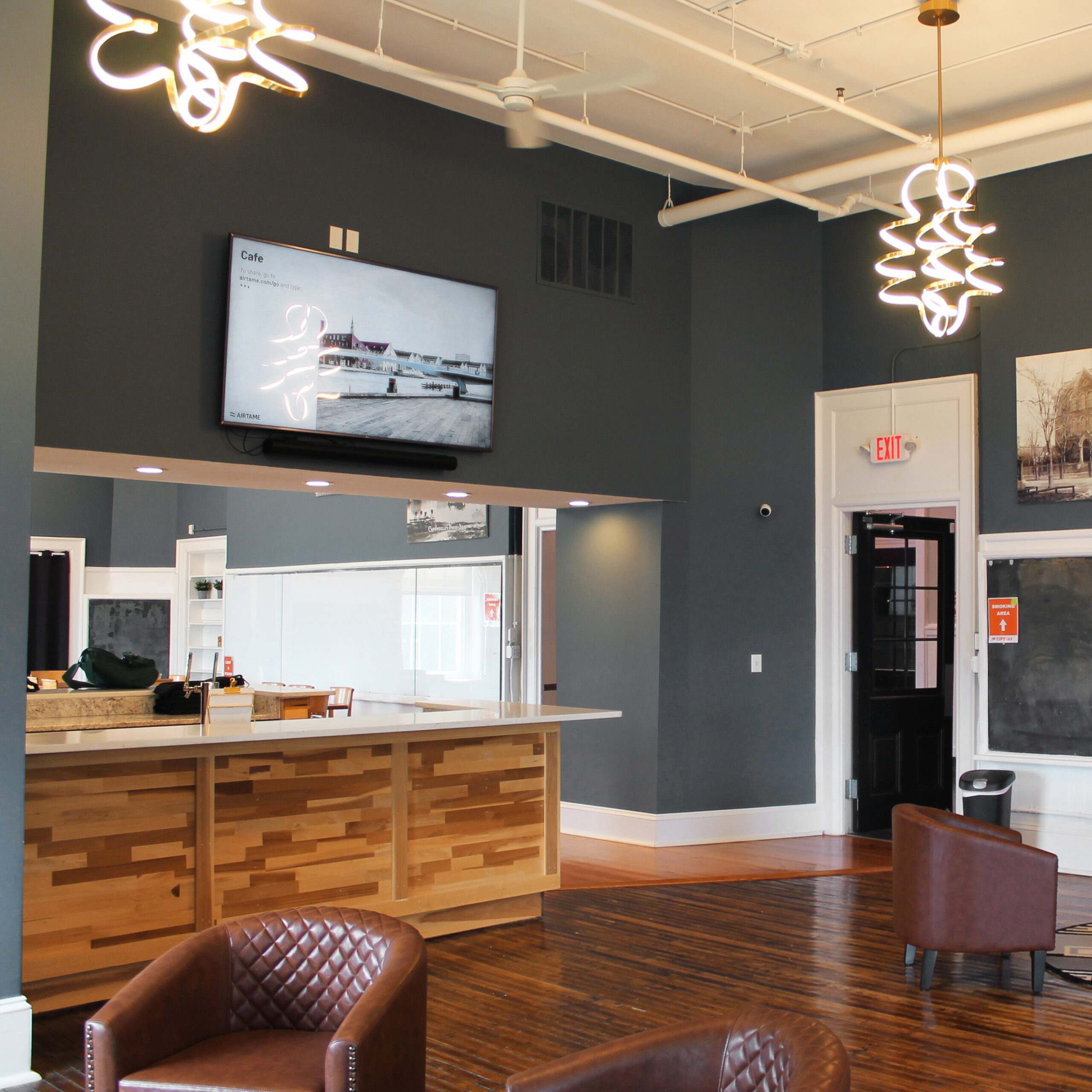 Cafe kitchenette with Television above for screen sharing